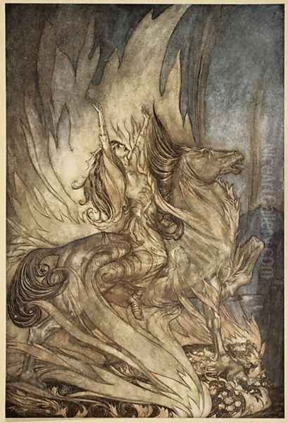 Brunnhilde on Grane leaps on to the funeral pyre of Siegfried, illustration from Siegfried and the Twilight of the Gods, 1924 Oil Painting by Arthur Rackham