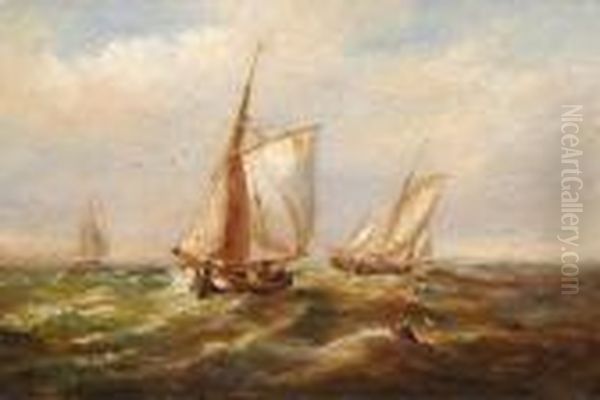 Fishing Boats On Blustery Seas Oil Painting by John Moore Of Ipswich