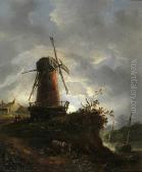A Moonlit Landscape Scene With Figures And Donkeys By A Windmill With River Beyond Oil Painting by John Moore Of Ipswich