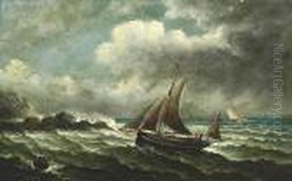 Fishing Vessels Off The Coast Oil Painting by John Moore Of Ipswich