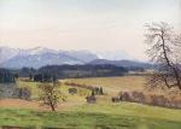Vorgebirgslandschaft Mit Blick Auf
 Die Zugspitze. Oil Painting by Willy Moralt