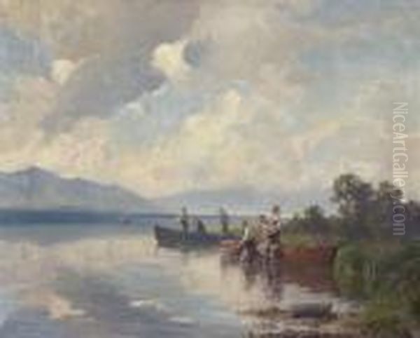 Fischer Beim Einholen Der Netze Am
 Ufer Des Chiemsees. Oil Painting by Willy Moralt