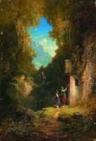 Zwei Dirndl Vor Der
 Waldkapelle. Oil Painting by Willy Moralt