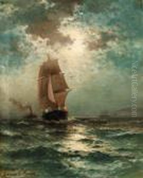 Square-rigged Shipping Vessel Sailing By Moonlight
Oil On Canvas Oil Painting by Edward Moran