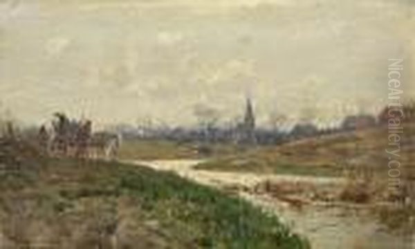 Fluslandschaft Mit Pferdekarren Und Dorfansicht. Oil Painting by Walter Moras