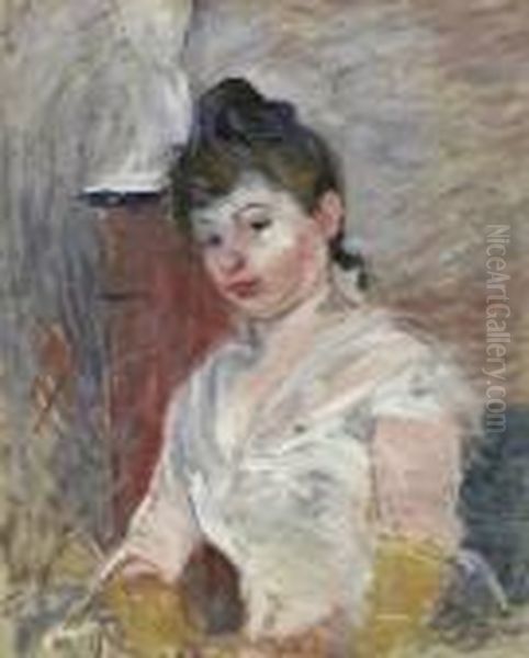 Jeune Fille En Blanc. 1891. 
Portrait Of A Sitting Young Lady In A White Dress. In The Background A 
Pillar With Sculpture. Signature Stamp Bottom Right: Berht Morisot Oil Painting by Berthe Morisot