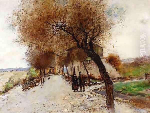 Strollers Leaving A Village Oil Painting by Jean-Francois Raffaelli