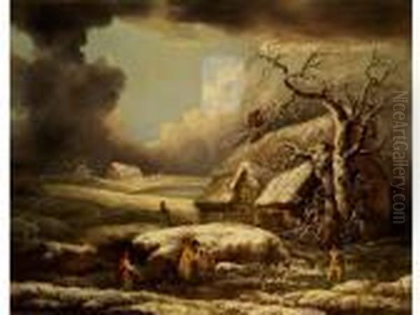 Winterlandschaft Mit Tief 
Verschneiten Bauernhausern Und Reisigsammlern Unter Bewegtem 
Wolkenhimmel Oil Painting by George Morland