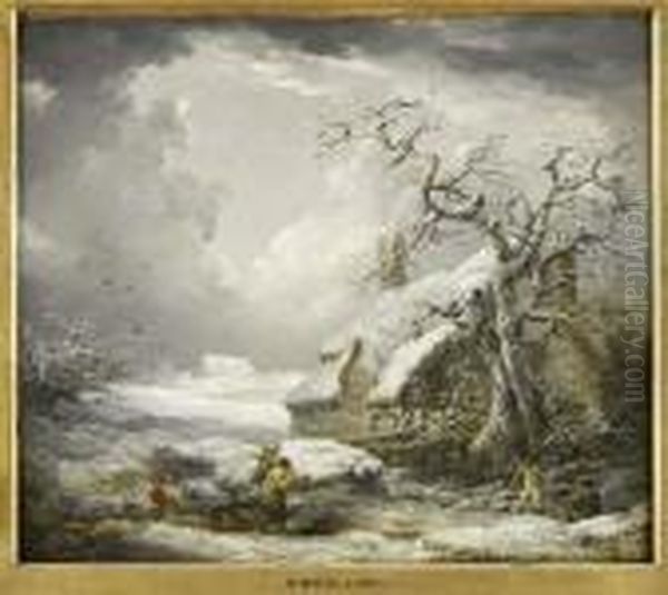 Gathering Firewood In A Snow Covered Landscape Oil Painting by George Morland