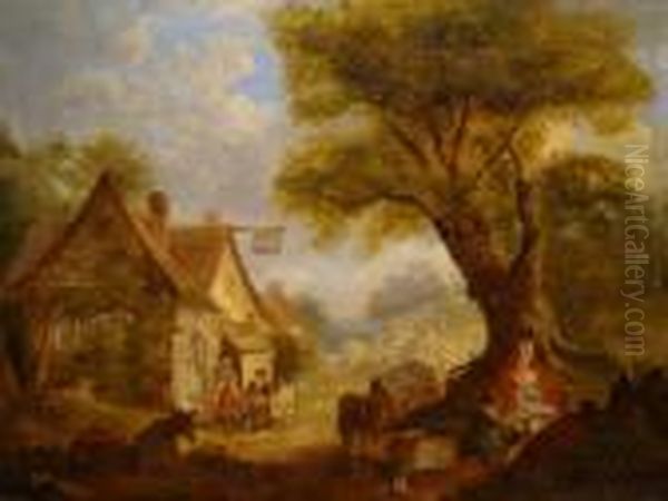 A Group Of Men Seated Outside A 
Roadside Inn, A Woman With Aninfant Resting Beneath An Oak Tree Oil Painting by George Morland