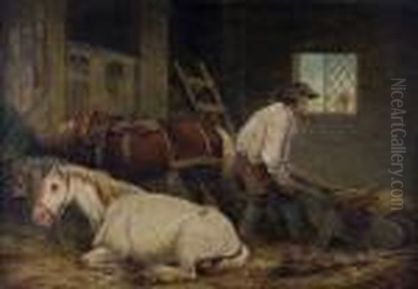 Stable Interior Oil Painting by George Morland