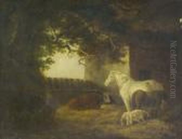 Farmyard Scene With A Man 
Feeding Pigs, Horses, Cattle And A Dog Nearby Bears Initials 