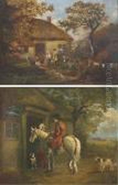 Together With Figures Before A Thatched Cottage Oil Painting by George Morland