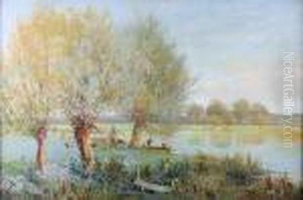 Bushey, Hertfordshire, With 
Figures By The Banks Of The Thames, And Another Similar With Figures 
Picnicking, A Pair Oil Painting by Thomas E. Mostyn
