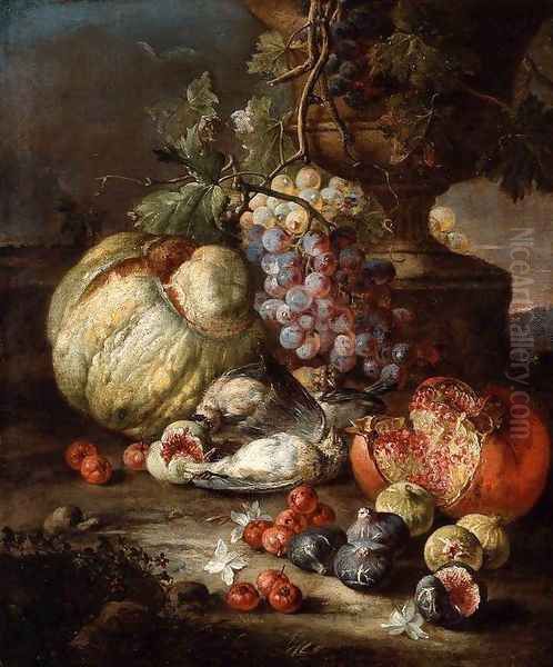 Still-Life with Fruit and Dead Birds in a Landscape Oil Painting by Giovanni Battista Ruoppolo