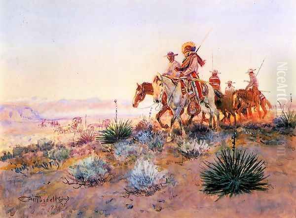 Mexican Buffalo Hunters Oil Painting by Charles Marion Russell