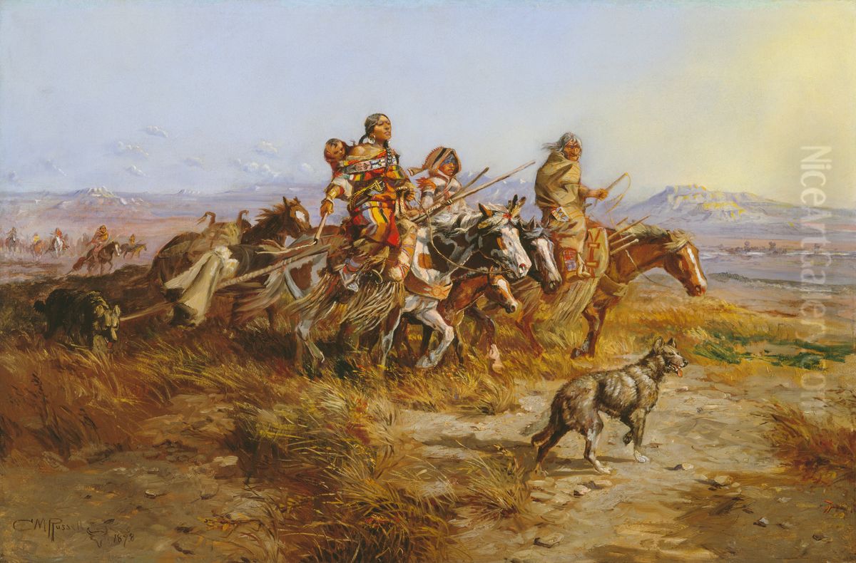 Indian Women Moving Oil Painting by Charles Marion Russell