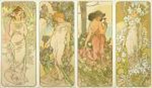 Les Fleurs Oil Painting by Alphonse Maria Mucha
