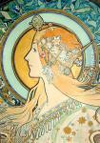 Female Crowned Head Quarter-length In Profile Turned To The Left Oil Painting by Alphonse Maria Mucha