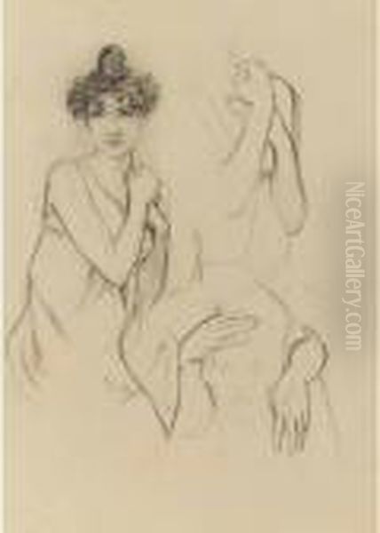 Study Of A Young Woman; Separate
 Study Of Her Arms And A Study Of Her Hands Embracing A Man's Head Oil Painting by Alphonse Maria Mucha