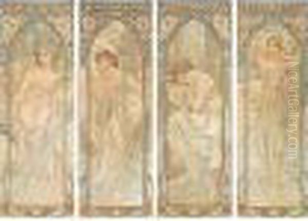 Heures Du Jour; Eveil Du Matin; 
Eclat Du Jour; Reverie Du Soir; And Repos De La Nuit (academy Editions 
P28-31) Oil Painting by Alphonse Maria Mucha