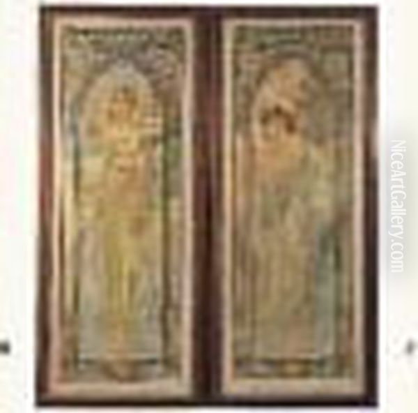 Tirage D'epoque Avec Marges Dans Son Encadrement D'origine En Chene
 Patine A Frise De Stuc Dore. Oil Painting by Alphonse Maria Mucha