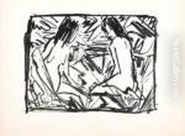 Ein Sitzendes Und Ein Kniendes Madchen Unter Blattern
(badende) Oil Painting by Otto Mueller