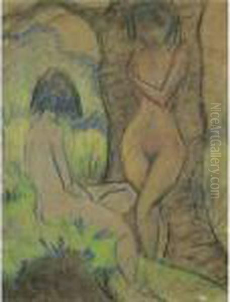 Zwei Madchen, Eine An Einen Baum
 Gelehnt, Die Andere Links Vorne Im Gras Sitzend (two Girls, One Of Them
 Leaning Against A Tree, The Other One Sitting In The Grass, Front Left) Oil Painting by Otto Mueller