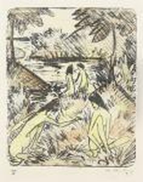 Waldsee Mit Drei Badenden Und 
Einem Sitzenden Madchen 1 (badende In Landschaft Mit Brucke) Oil Painting by Otto Mueller