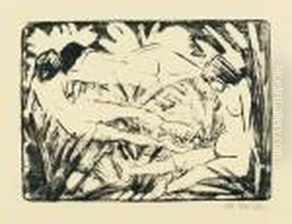 Sitzendes And Zwei Liegende Madchen Im Gras (drei Akte) Oil Painting by Otto Mueller