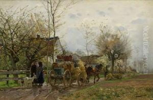 Begegnung Auf Der
 Dorfstrase. Oil Painting by Hugo Muhlig
