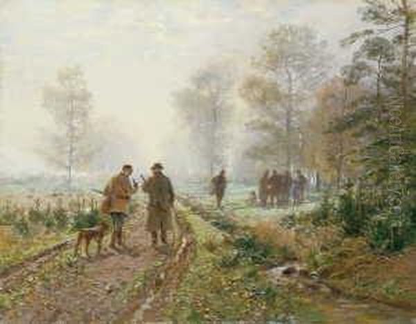 Am Morgen Vor Der Herbstlichen
 Treibjagd. Das Sammeln Der Jagdgesellschaft.

 Signiert Unten Oil Painting by Hugo Muhlig