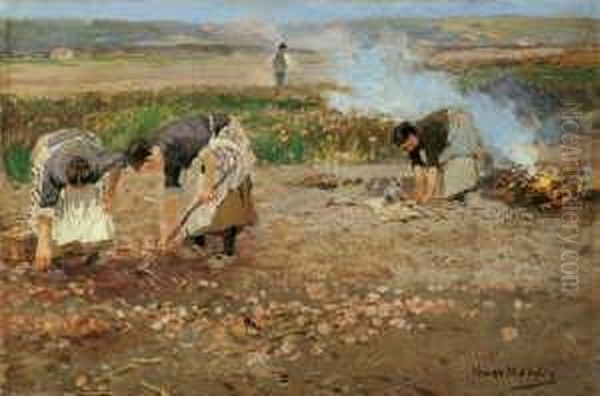 Bei Der Kartoffelernte. Signiert
 Unten Rechts: Hugo Muhlig. Verso Betitelt. Ol Auf Karton. H 15,4; B 24 
Cm. Oil Painting by Hugo Muhlig