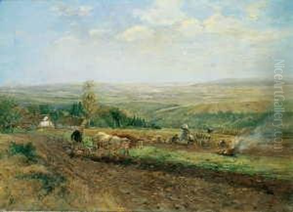 Oberhessische Landschaft Mit 
Bauern Bei Der Feldarbeit. Signiert Unten Rechts: Hugo Muhlig. Ol Auf 
Leinwand. H 68; B 96 Cm. Oil Painting by Hugo Muhlig