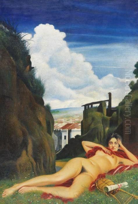 Liegender Weiblicher Akt In Landschaft, Mit Lyra Und Notenblatt. Oil Painting by Richard Muller