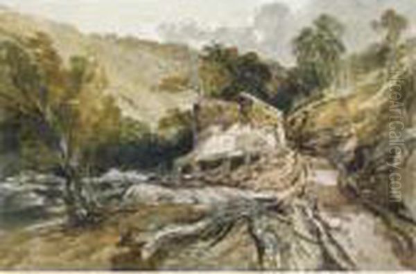From The Collection Of The Late Michael Ingram
 

 
 
 

 
 Barn In A Wooded River Landscape; The Salmon Traps On The River Lledr, Wales Oil Painting by William James Muller