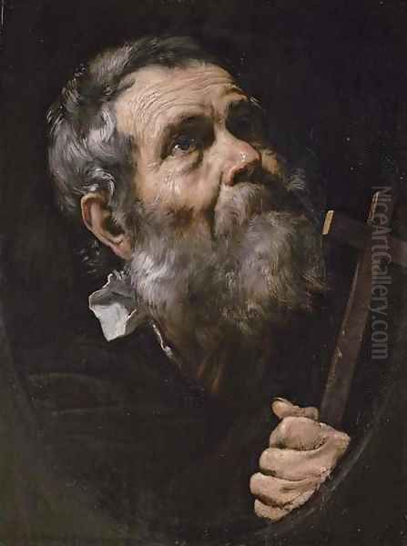 A Saint holding a cross, in a painted oval Oil Painting by Jusepe de Ribera