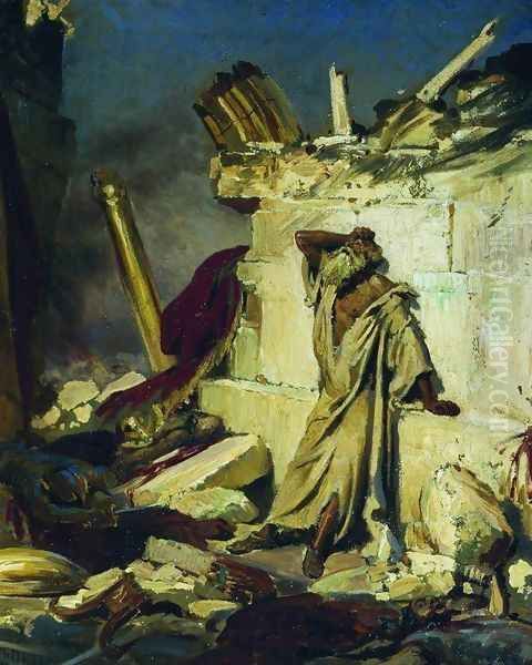Cry of prophet Jeremiah on the Ruins of Jerusalem (on a Bible subject) Oil Painting by Repin Iliya