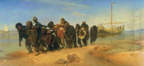Convicts pulling a boat along the Volga River, Russia, 1873 Oil Painting by Repin Iliya