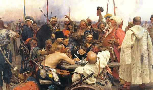 Reply of the Zaporozhian Cossacks to Sultan Mehmed IV of Turkey Oil Painting by Repin Iliya