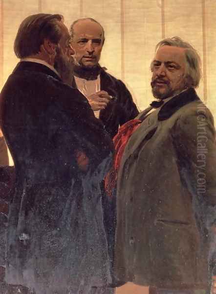 Vladimir Odoevsky (1803-69), Mily Balakirev (1837-1910) and Mikhail Ivanovich Glinka (1804-57), 1890s Oil Painting by Repin Iliya