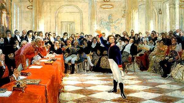 Pushkin Reciting His Poem Before Old Derzhavin (1911) Oil Painting by Repin Iliya