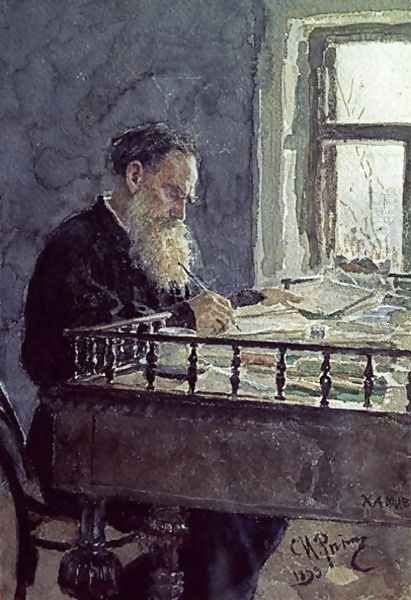 Lev Tolstoy (1828-1910) at work, 1893 Oil Painting by Repin Iliya