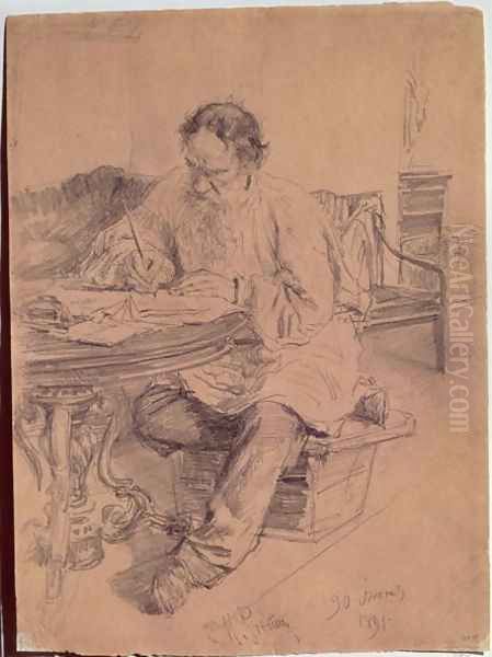 Lev Nikolaevich Tolstoy (1828-1910) at Work, 1891 Oil Painting by Repin Iliya
