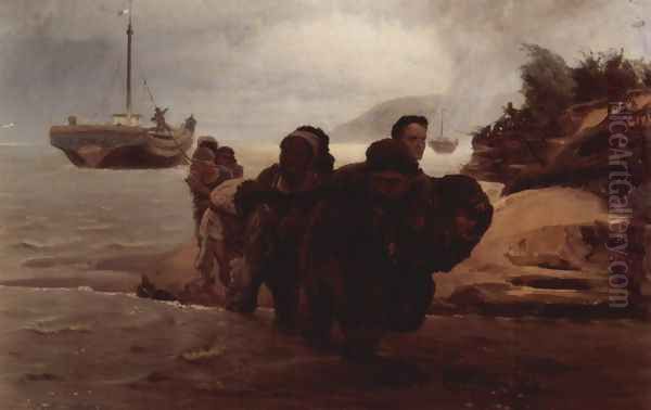 Barge Haulers wading Oil Painting by Repin Iliya