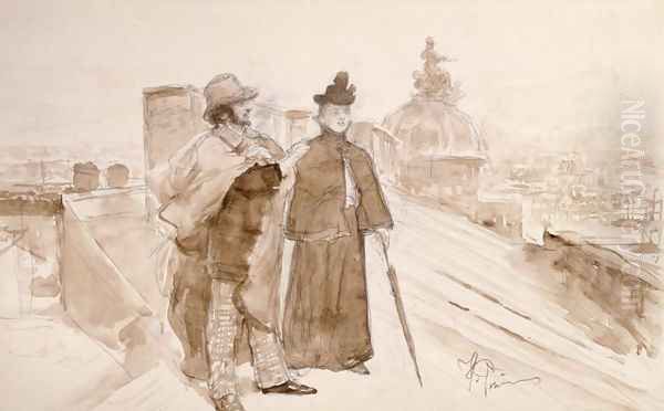 Ksenia ja Nedrov Pietarin taideakatemian katolla keskustelemassa taiteesta Oil Painting by Repin Iliya