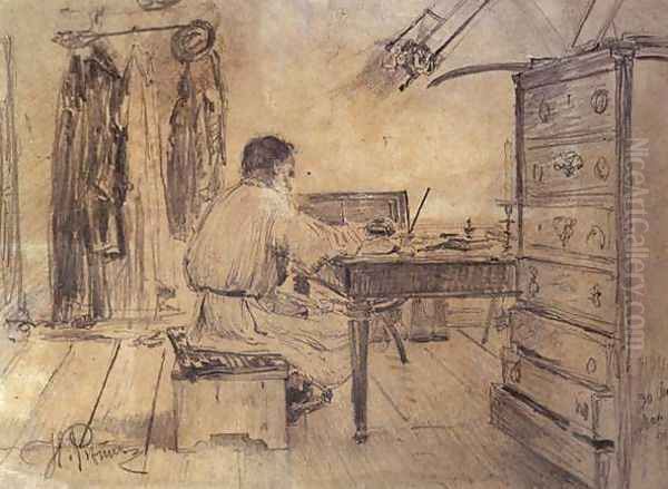 Lev Tolstoy (1818-1910) in his Study, 1891 Oil Painting by Repin Iliya