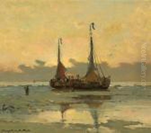Fishing Boats At Low Tide Oil Painting by Gerhard Arij Ludwig Morgenstje Munthe