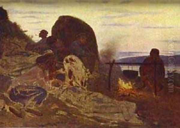 Barge Haulers By Campfire 1870 Oil Painting by Repin Iliya