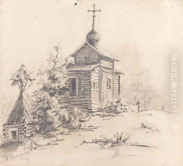 Russian wooden Church in a Graveyard Oil Painting by Repin Iliya